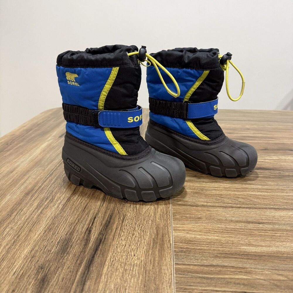 Sorel Flurry Winter Kids Snow Boots Size 11 Waterproof Black Blue Yellow